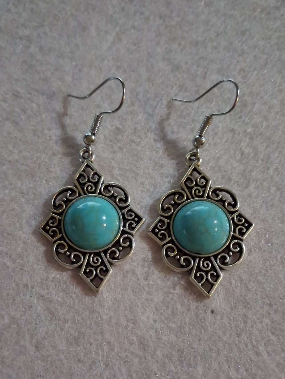 251- Faux Turquoise Stone Silver-Tone Filigree Drop Earrings - Women Jewelry